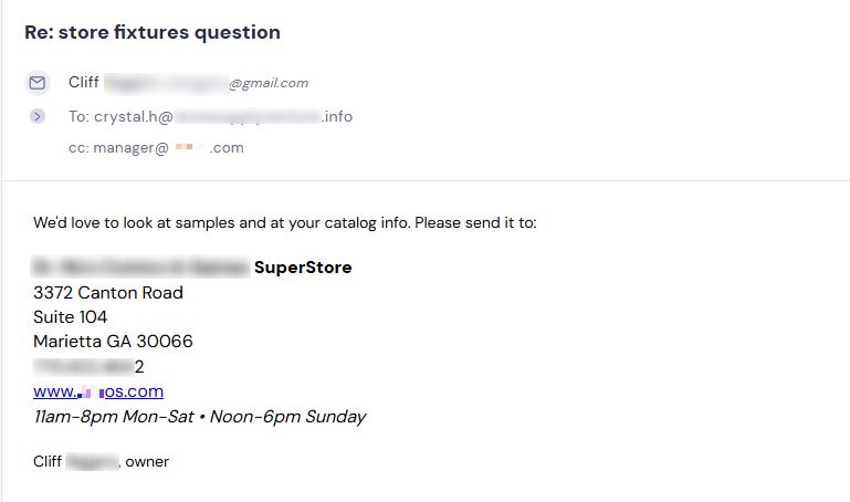 Retailer reply from Store Supply Warehouse